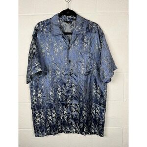 Odo Y2K Flame Button Up Shirt Men's Large Blue Satin Cyber Rave Clubwear
